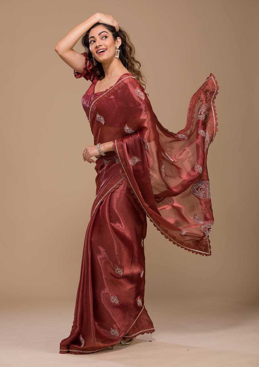 Elegant Burberry Silk Saree With Designer Swarovski Stone Work