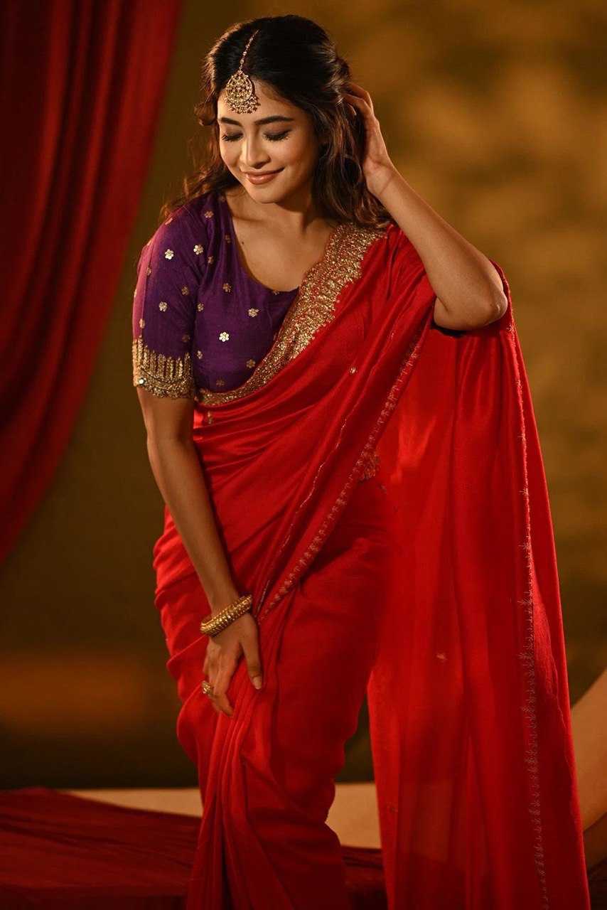 Red Georgette Saree With Golden Tunic Sequence Work