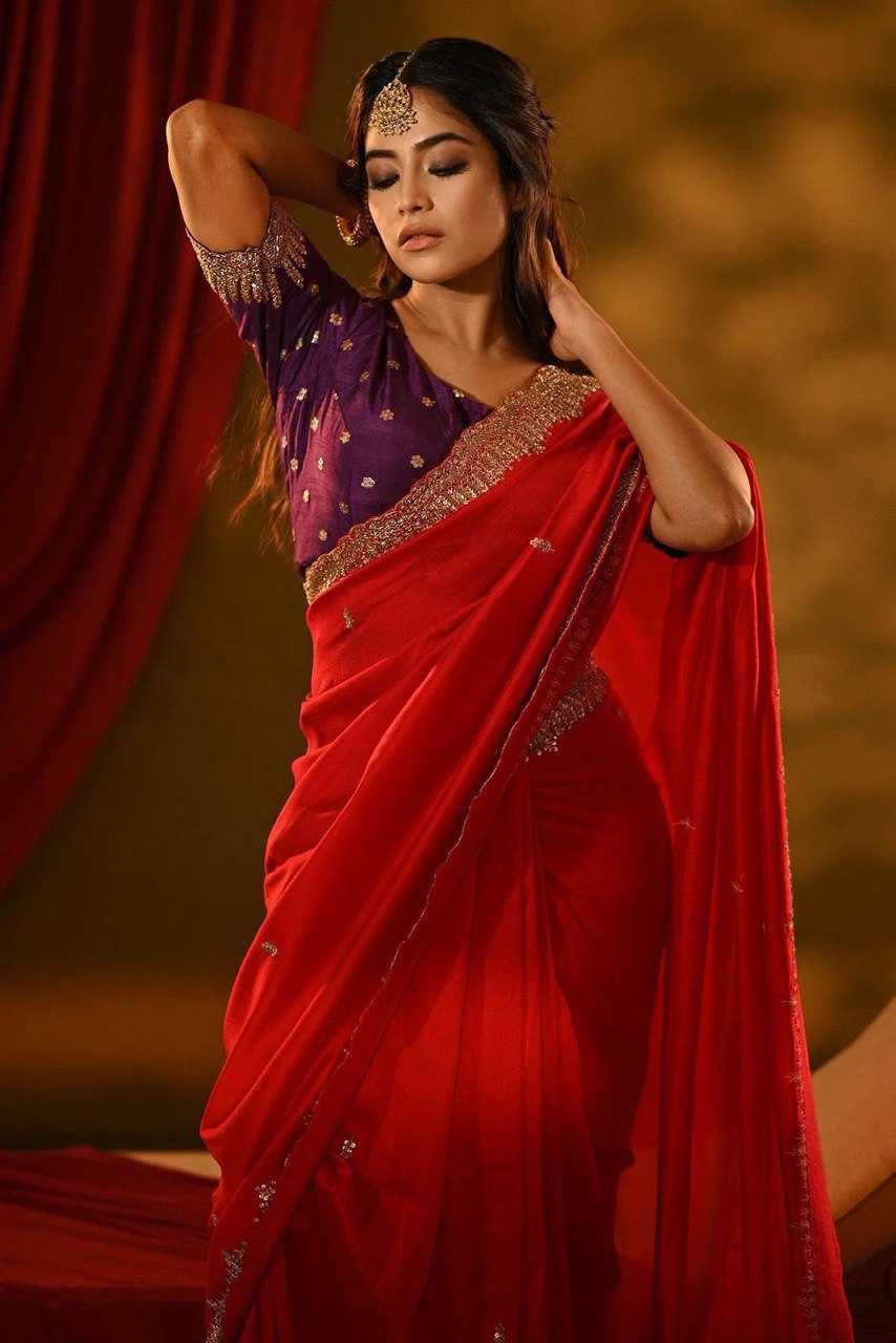 Red Georgette Saree With Golden Tunic Sequence Work