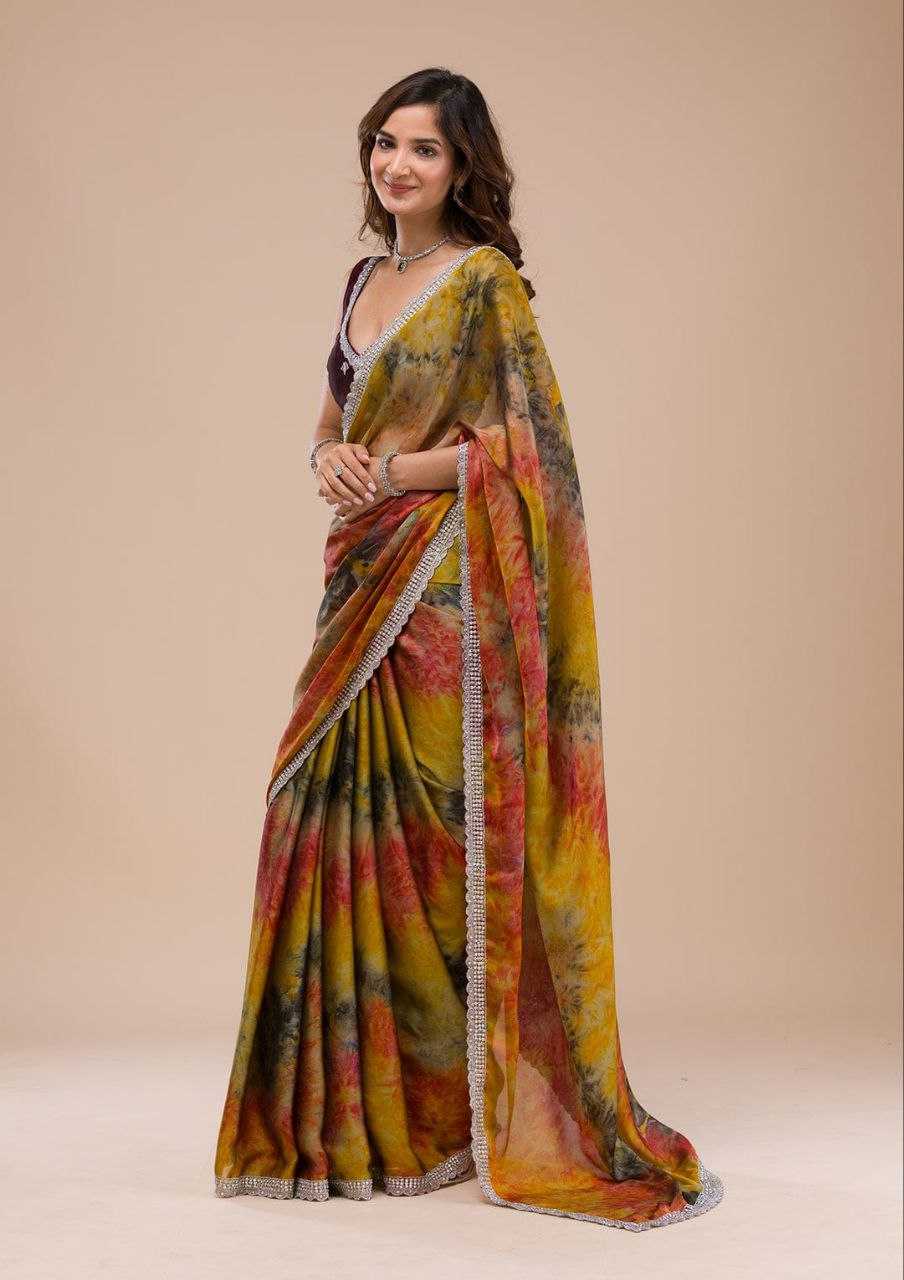 Pure Georgette Saree With Digital Print and C-Pallu Zari Work