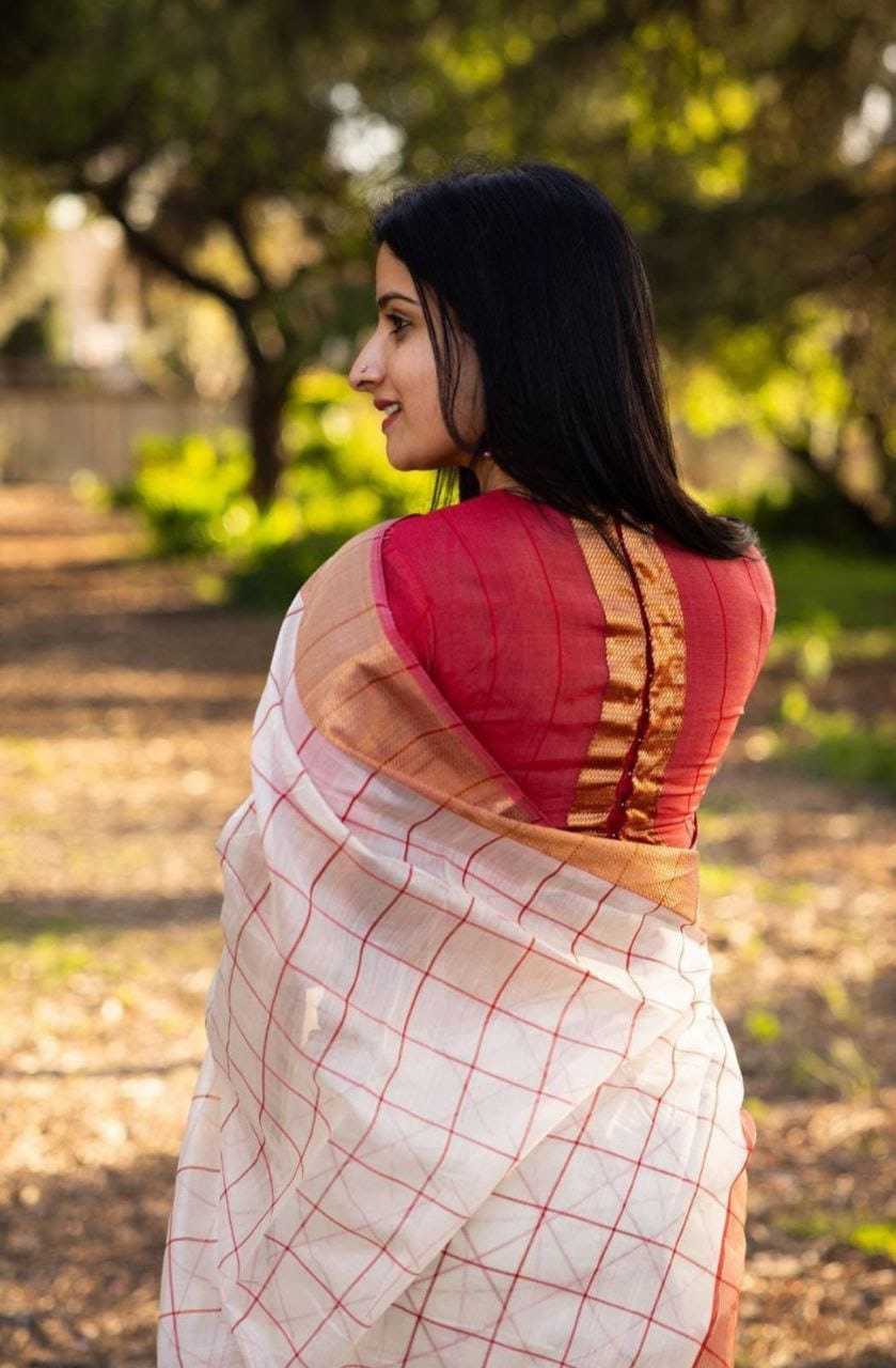 White Elegant Linen Saree With Gold Zari Checks