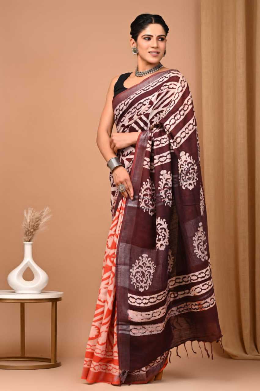 Hand Block Printed Linen Cotton Saree