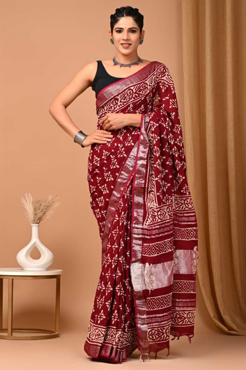 Hand Block Printed Linen Cotton Saree