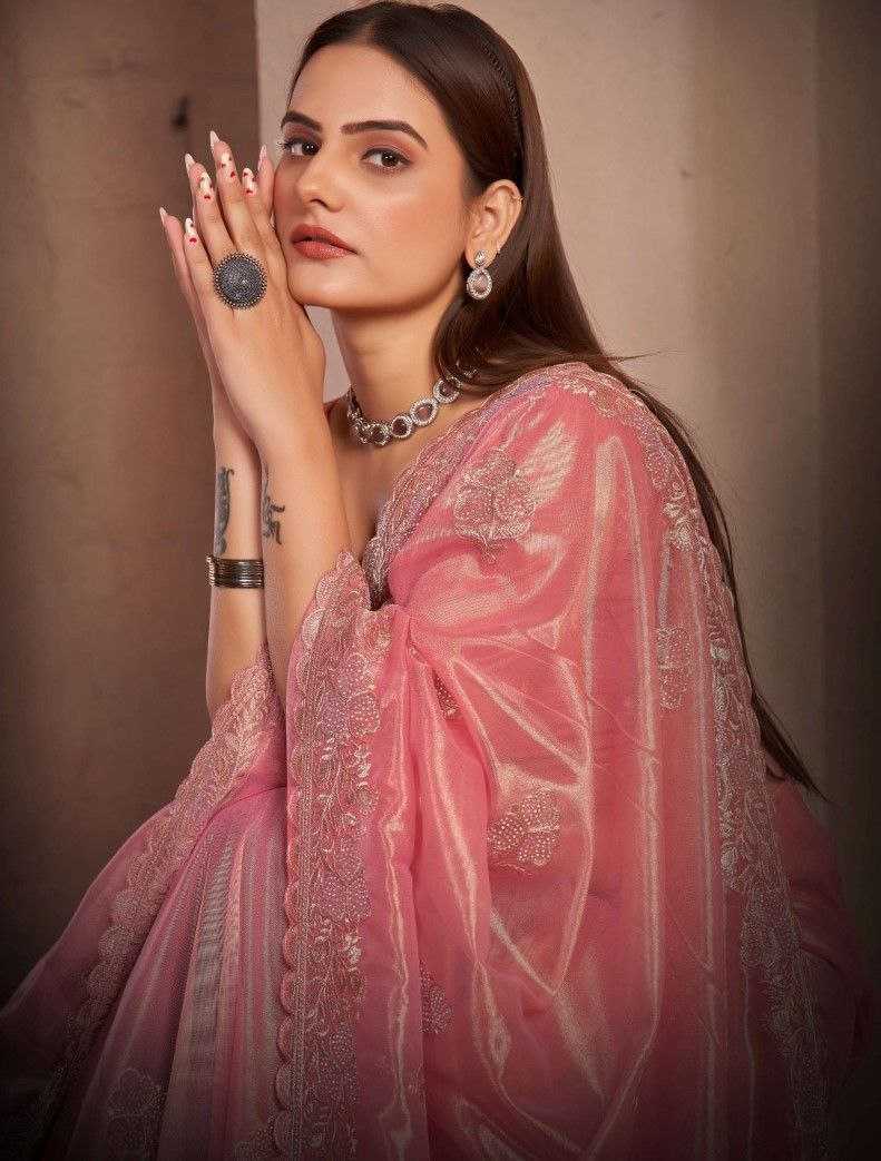 Shimmer Silver Net Saree With Swarovski Work