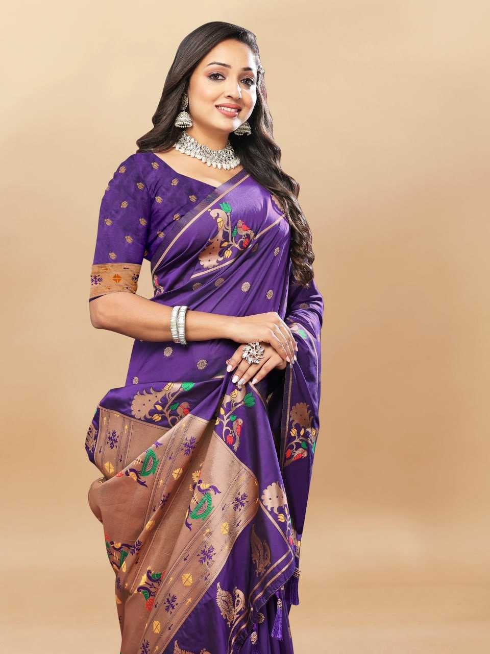 Soft Paithani Silk Saree with Gold Zari Weaving Motifs
