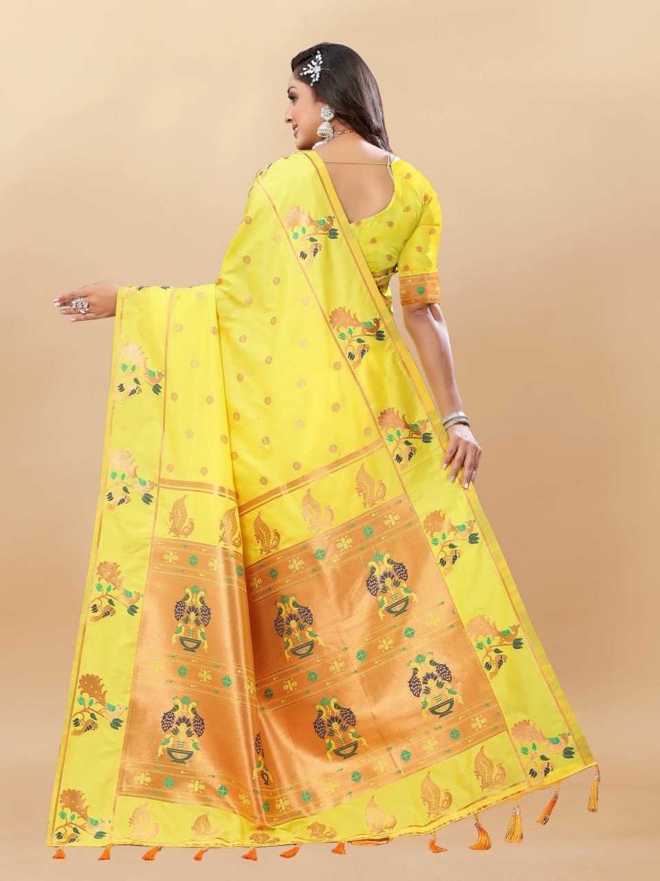 Soft Paithani Silk Saree with Gold Zari Weaving Motifs