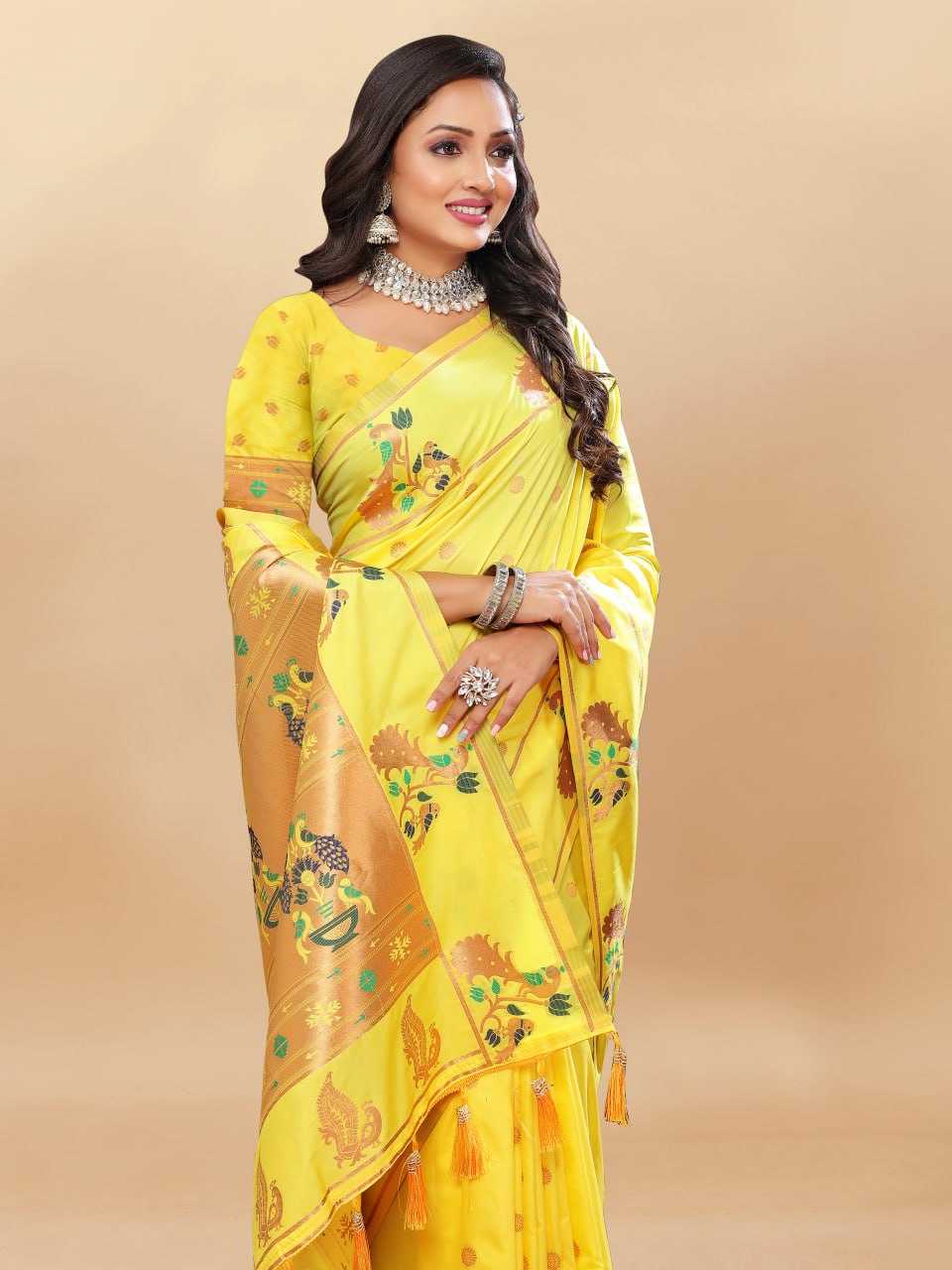 Soft Paithani Silk Saree with Gold Zari Weaving Motifs
