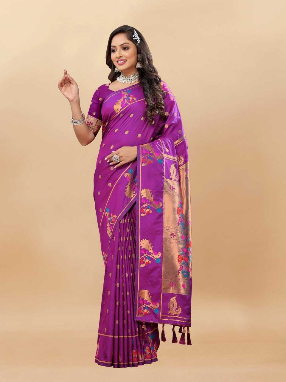 Soft Paithani Silk Saree with Gold Zari Weaving Motifs