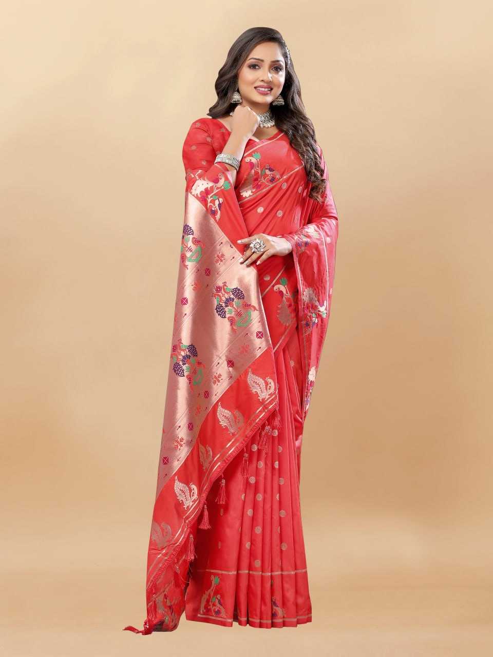Soft Paithani Silk Saree with Gold Zari Weaving Motifs