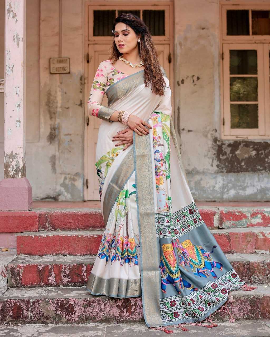 Stylish White Color Pure Silk Saree
