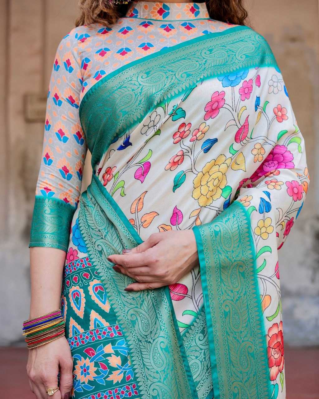 Cream Pure Silk Saree with Floral Design