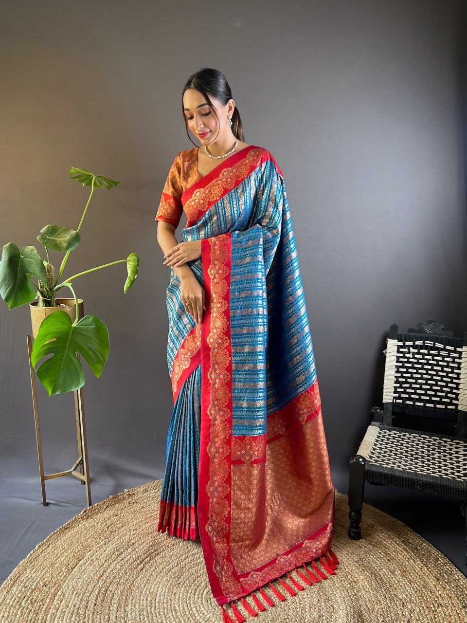 Soft Silk Saree with Zari Lining All Over