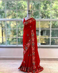 Elegant Red Tussar Silk Saree With Embroidered Border